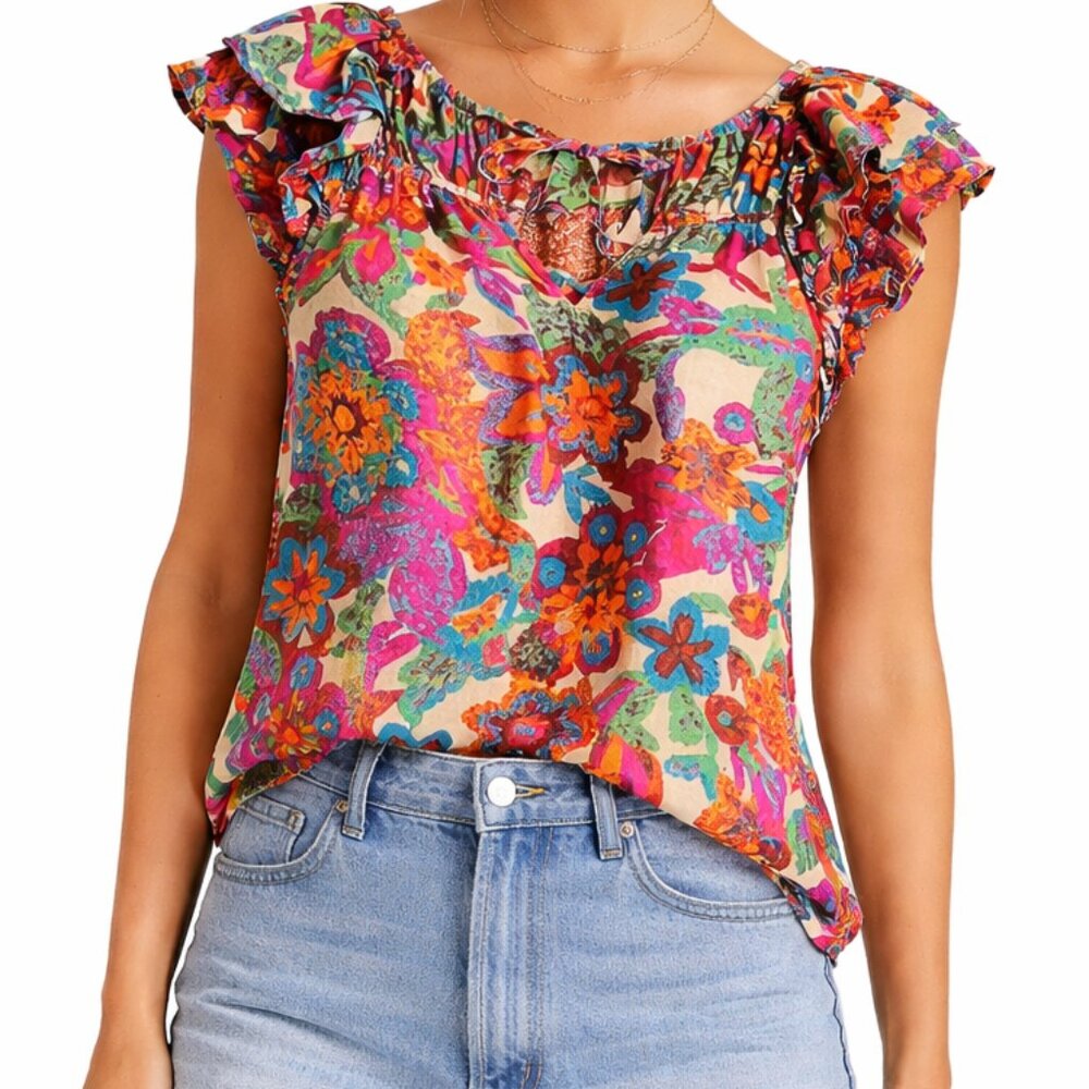 Jennifer & Grace Floral Boho Top Medium 100% Cotton Ruffle Sleeve Blouse top